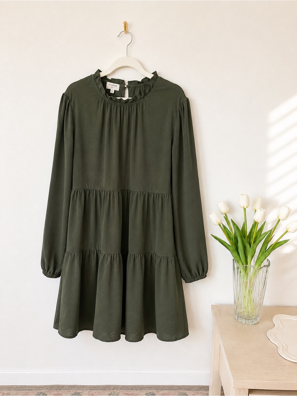 Cooper Key Olive Green Tiered Ruffle Neck Mini Dress Small Cottagecore